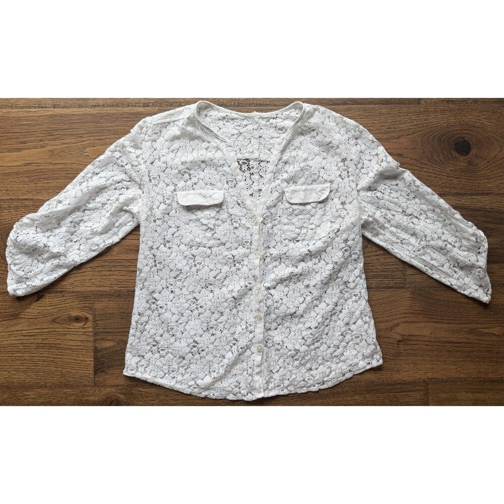 New York & Co White Floral Lace Utility Blouse Roll Tab 3/4 Sleeve Pockets S M